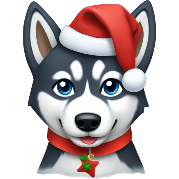 Husky wearing a Christmas collar and a Christmas hat emoji