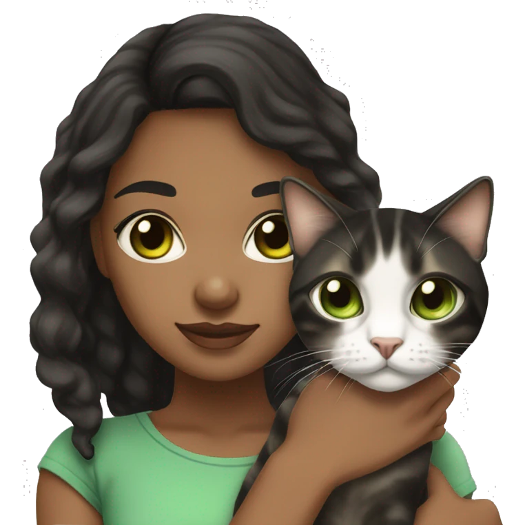Young black woman brown eyes and black hair holding a white and brown tabby cat with green eyes emoji