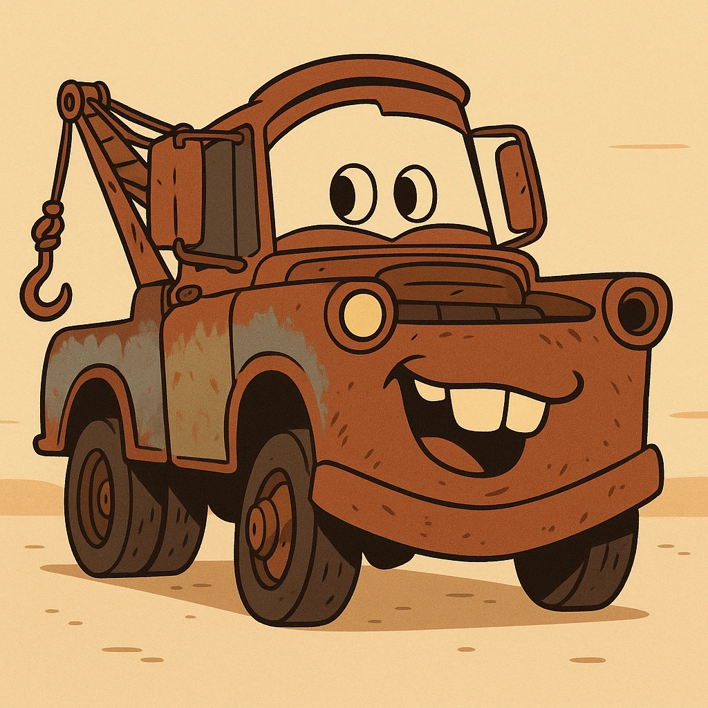 Mater from Cars, friendly rusty tow truck, cartoon style emoji