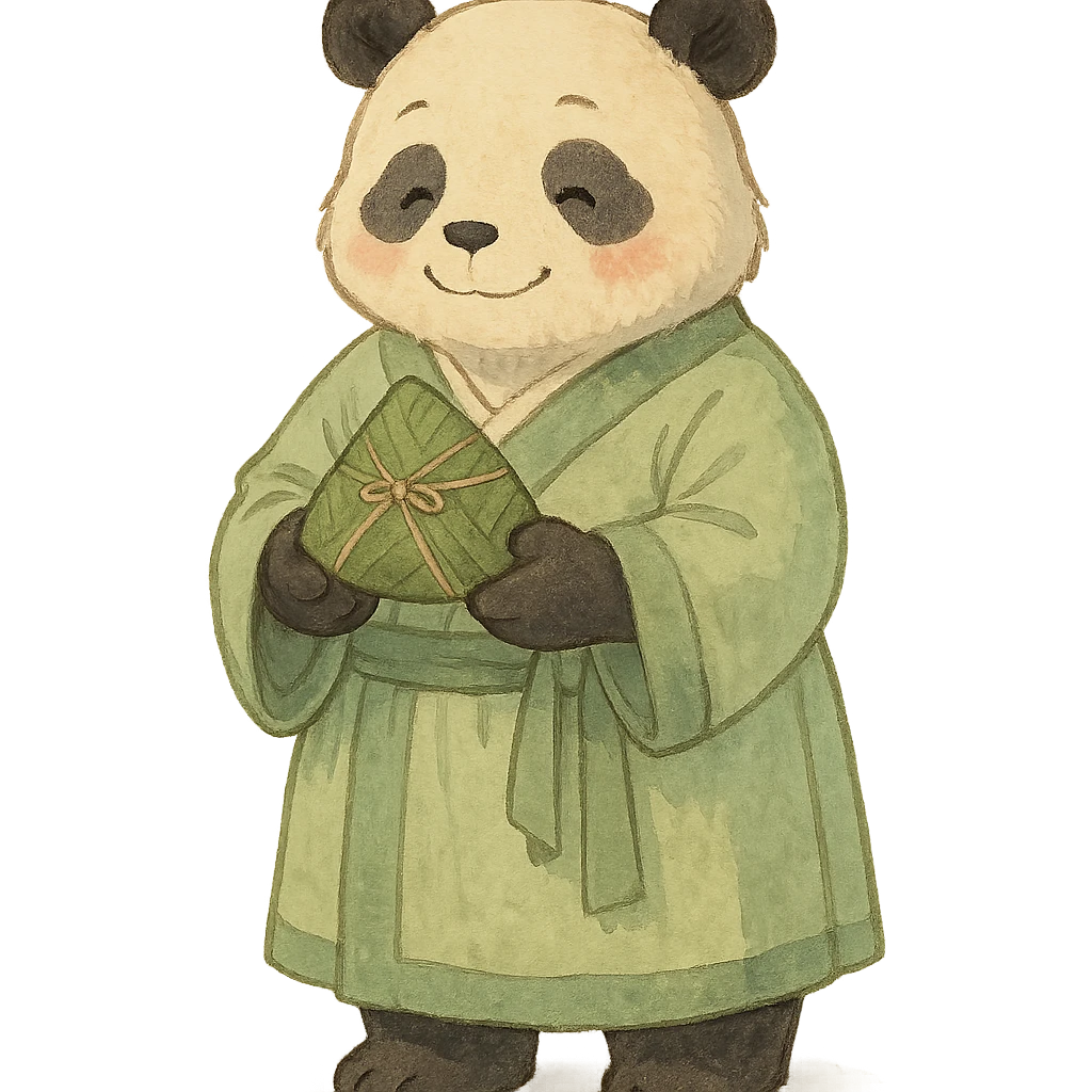 a panda wearing light green Hanfu, holding zongzi with both hands, standing and smiling, full body standing posture, Chinese style, soft color tones emoji