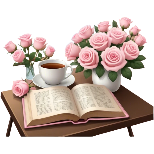 A cozy reading nook with an open book, a steaming cup of tea, and a bouquet of pale pink roses. emoji