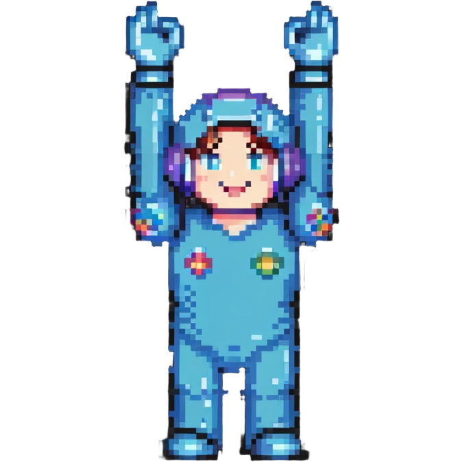 Retro video game character celebrating with arms raised emoji