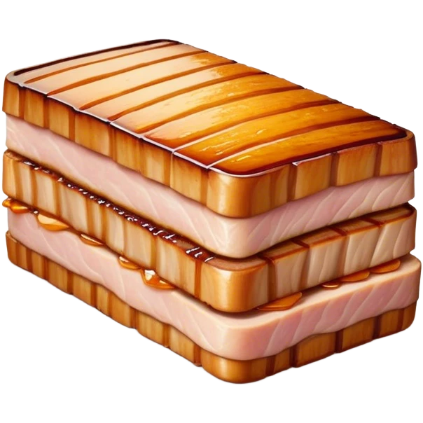 Cinematic tender pork belly, slow-roasted to perfection, crispy caramelized edges, glistening with juices, sliced into thick, rich layers, warm golden tones, luxurious and indulgent. emoji
