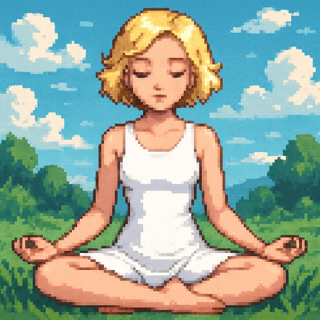 a blonde girl with a short haircut in a white dress sitting in a lotus position and meditating with a background, pixel art style emoji