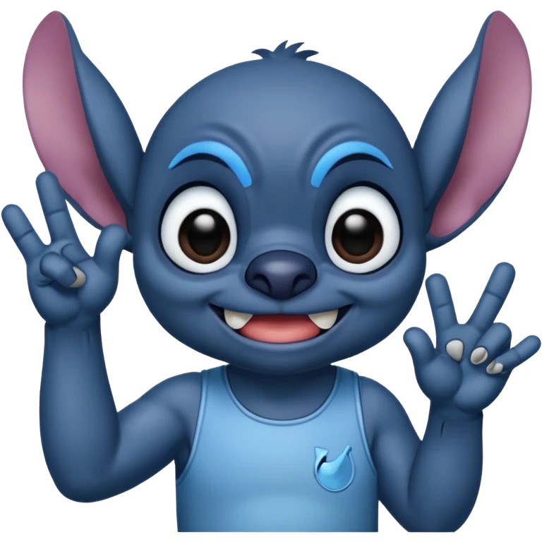 Tired looking stitch with dark circles around his eyes making a victory hand emoji