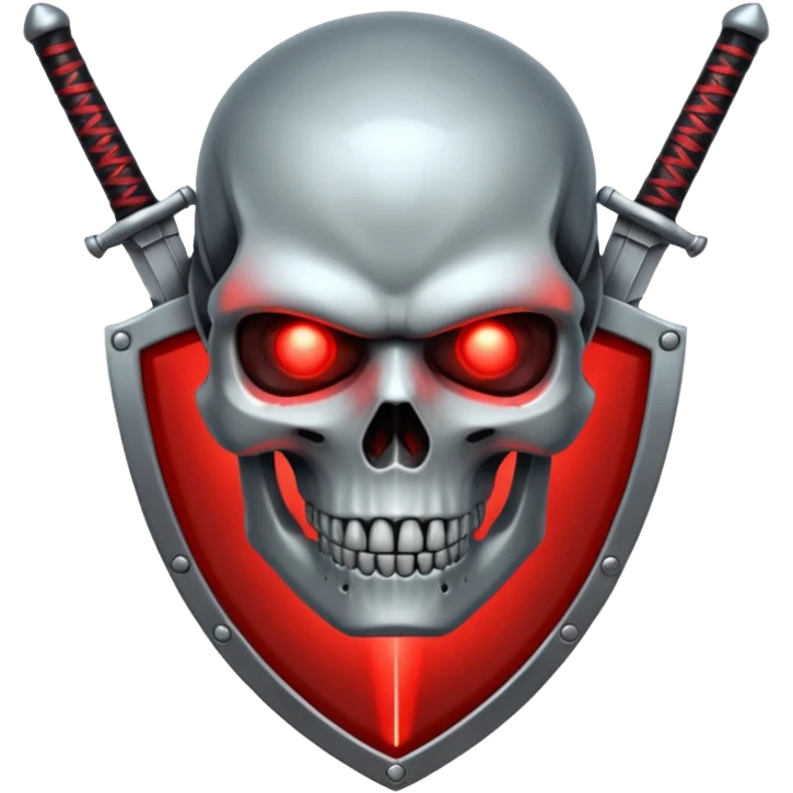 Sci-fi shield badge, terminator style skull, glowing red eyes, crossed futuristic sword energy, starwars light sable, no background emoji