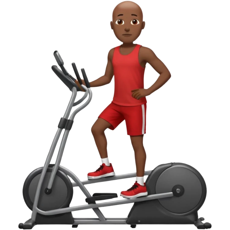 dark skin bald African American man on elliptical machine with red tank shirt and black shorts emoji