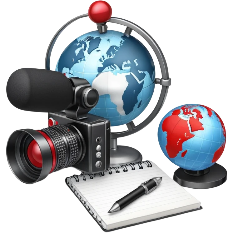 An icon showing a microphone, a notepad, and a camera, symbolizing journalism. The design includes a globe in the background, representing global news, and a breaking news banner for emphasis. Transparent background highlights the dynamic world of media and reporting. emoji