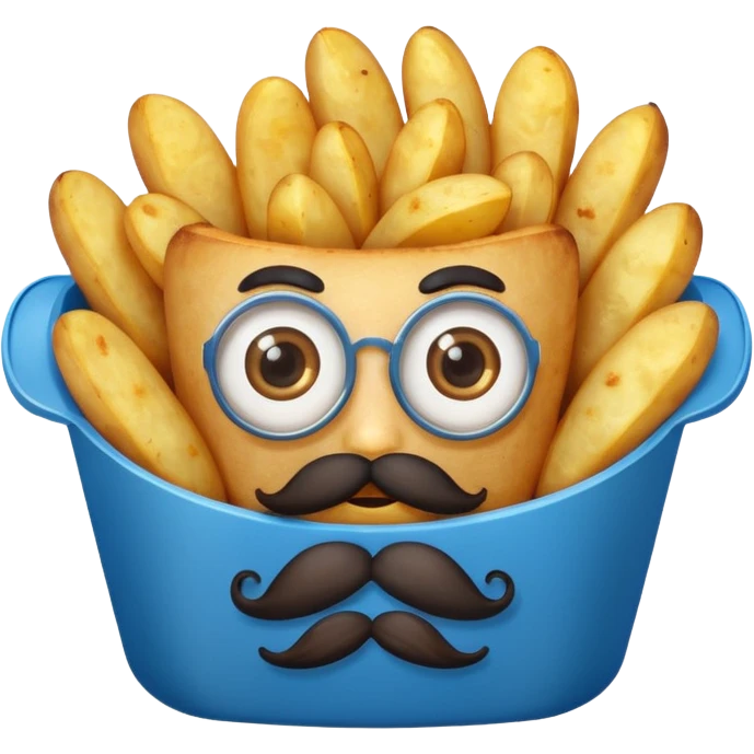 fried potatoes with eyes and mustache, in a blue carton  emoji
