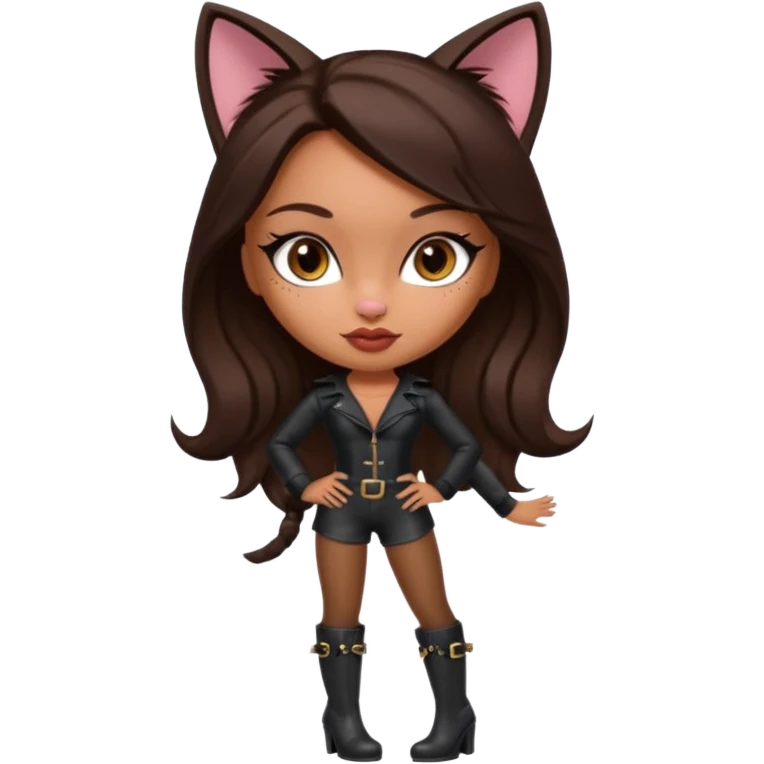 A sexy, super pretty bratz girl with caramel skin. Dark brown hair and brown eyes. She has freckles. Wearing sexy makeup. Dressed as a sexy cat with tall black boots on emoji