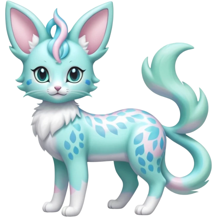 Pastel Mint-Aqua Soft-Iridescent Gentle Floral-Patterned Feline Sylveon-Liepard-hybrid-creature (full body) emoji