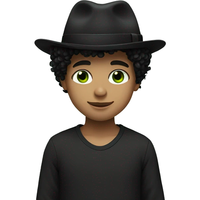 boy with black curly hair and black hat black shirt green eyes emoji