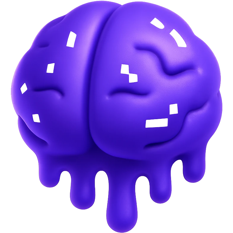 front facing 3D melting brain icon, purple, with pixel art-inspired highlights and shiny look emoji