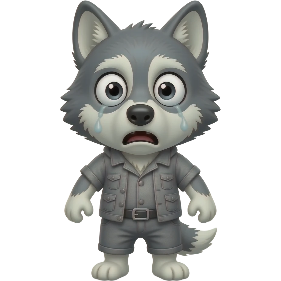 A little gray wolf shaped like a little human, dressed in gray, looking at us because he's very terrified, afraid, fearful, and alarmed. emoji