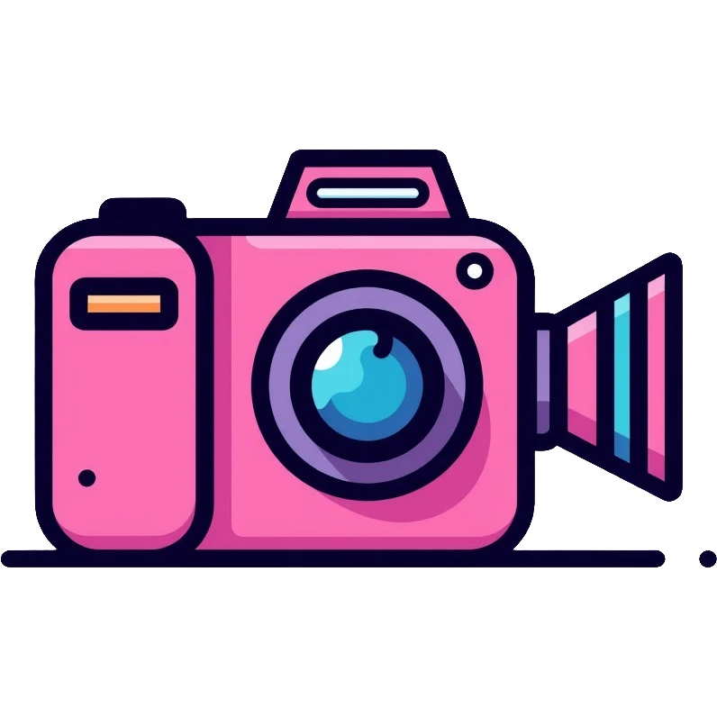 videographer's camera in pink color, with neon glow lines, blue neon glow on top left, purple neon glow on bottom right emoji