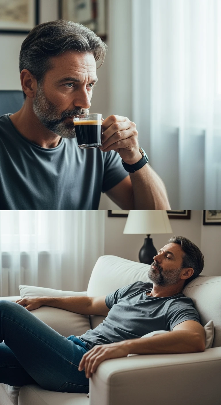 Uomo adulto in abiti casual in un ambiente domestico o ufficio tranquillo, mentre beve un caffè espresso con espressione consapevole. Subito dopo, si sdraia su un divano per un breve riposo di 20 minuti, occhi chiusi, posizione rilassata.  emoji