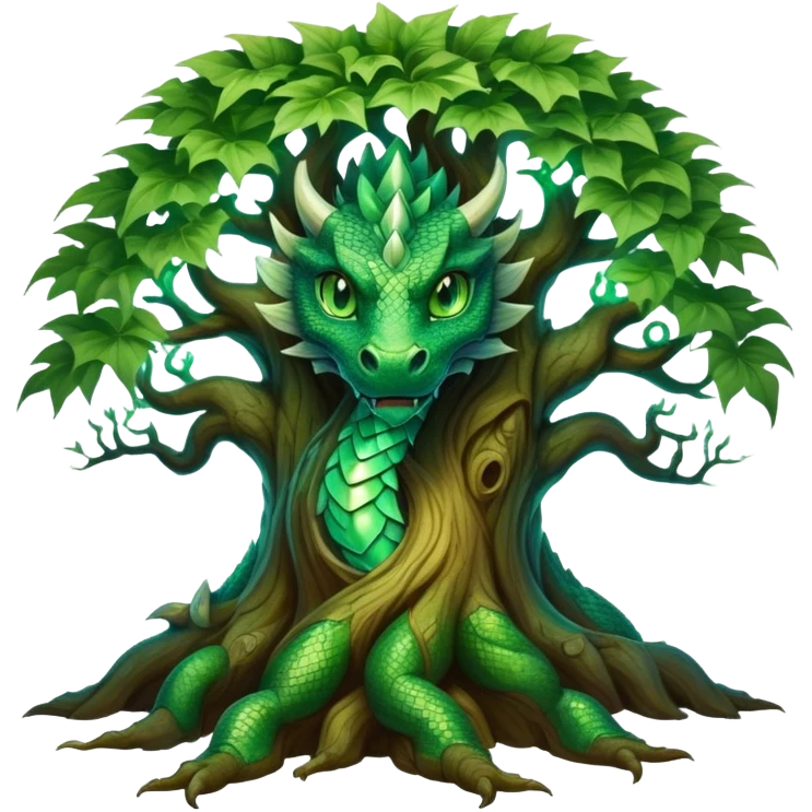 A majestic tree with a dragon's face carved into its trunk, glowing emerald green eyes, and intricate scales blending into the bark, surrounded by a mystical aura and soft glowing leaves. emoji