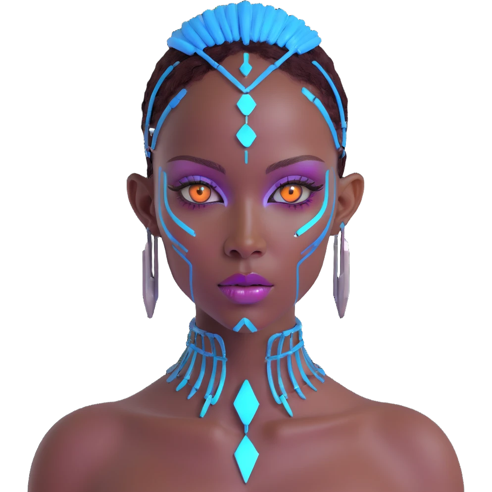 Futuristic African woman with cybernetic enhancements, holographic makeup, techno-tribal aesthetics, and neon lighting emoji