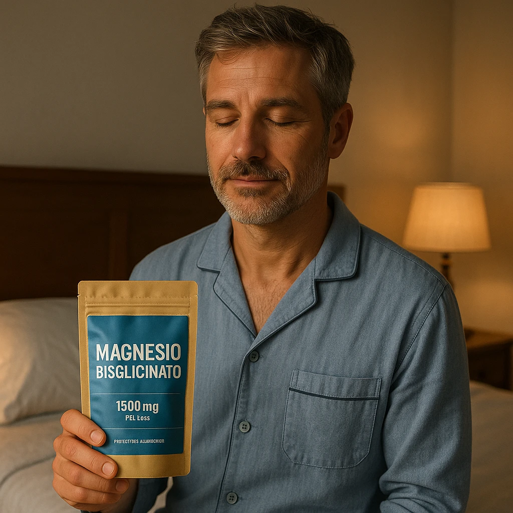 realistic illustration of a man holding a package of "Magnesio Bisglicinato" near the bed, wearing pajamas, with a serene and relaxed atmosphere, ready for the night emoji