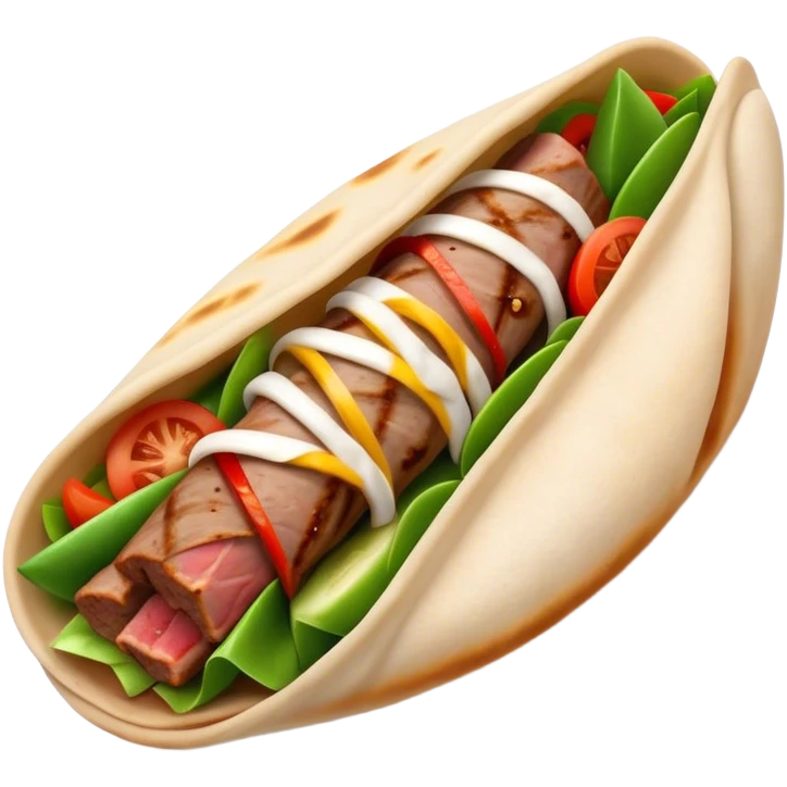 Cinematic Realistic Gyros Dish Emoji, showcasing succulent, spiced meat wrapped in pita with fresh vegetables rendered with lifelike detail and dynamic, appetizing lighting. emoji