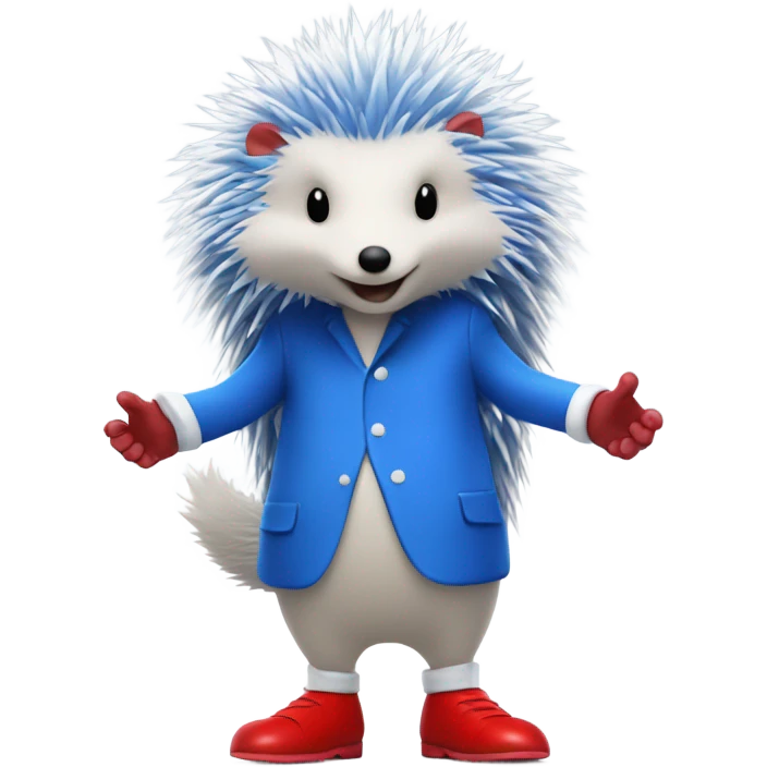 Tall blue hedgehog that stand on 2 let's and have got white gloves and big red shoes with a white line on them and he runs very fast emoji