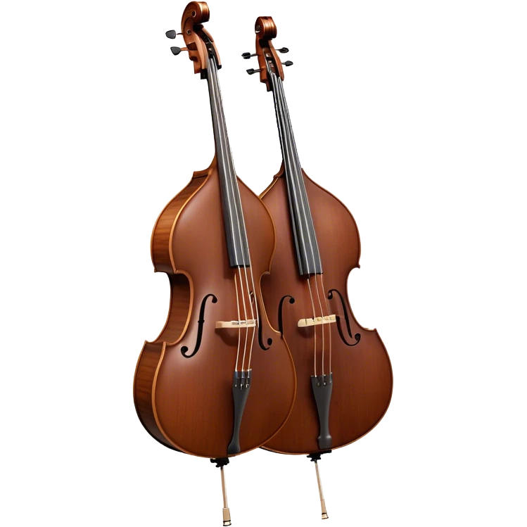 Create an elegant and detailed emoji representing a Gliga Gama double bass with bow. The design should showcase the large, sleek body of the double bass with its rich wood finish, including the characteristic curves and deep tone holes. The bow should be elegantly positioned next to the instrument, highlighting the hair and smooth wooden stick. Use warm wood tones like chestnut brown for the body of the bass, silver accents for the fittings, and dark brown for the bow. Add subtle musical notes or sound waves flowing from the bass to represent its deep, resonant sound. The background should be transparent. emoji