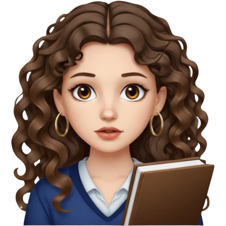 cute girl with not volominous VERY LONG curly/wavy brunette hair with balayage, brown eyes, full lips, natural clean girl makeup and hoop earrings white girl: super desperate studying emoji