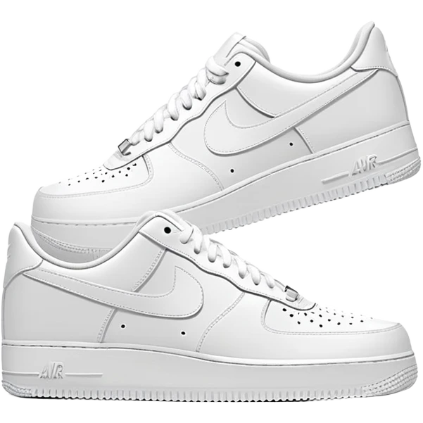 Two white Nike Air Force 1 shoes arranged with the second shoe behind the first, pure white colorway, iconic Nike swoosh, minimalist design emoji