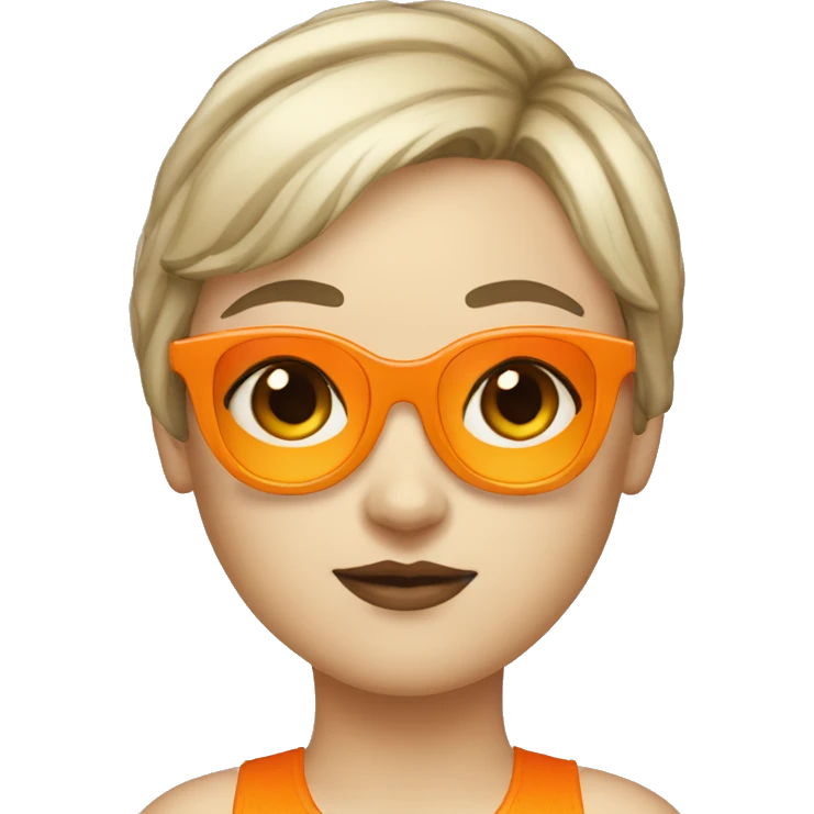 White girl with really short bangs which above the eyebrow and short hair wearing orange sunglasses emoji