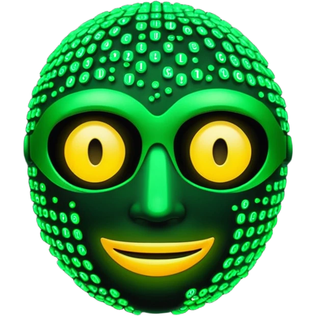 Cyberpunk emoji formed from cascading green Matrix symbols, neon glow, dark futuristic background, smooth rounded design, 3D style, high contrast, cinematic lighting. emoji