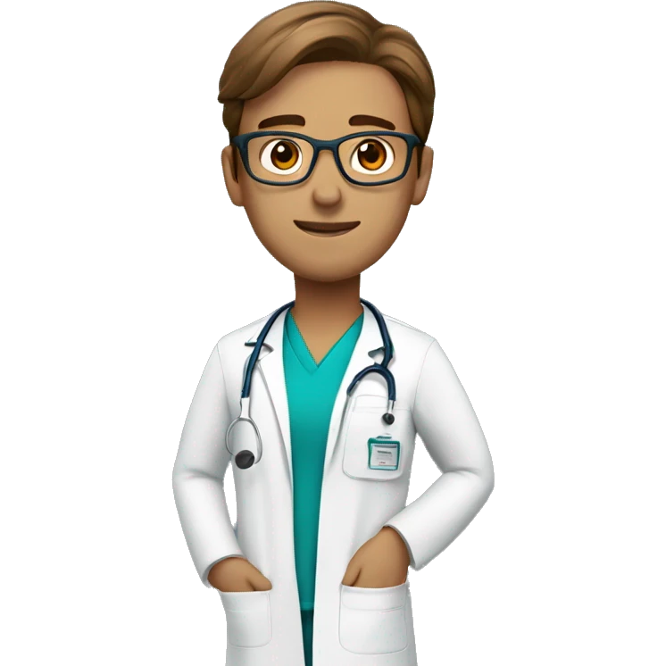 Make Doctor in scrubs and stethoscope with brown hair and glasses emoji