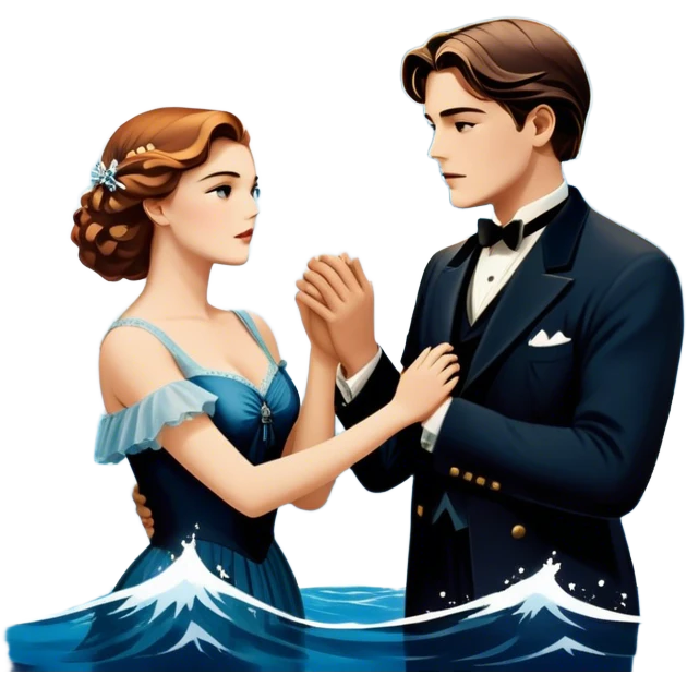 Icon for Titanic Movie: A vintage movie poster-style design featuring a dramatic scene of the ship, the iceberg, and a romantic silhouette of the main couple. Include elements like the ship’s bow, water splashes, and a starry sky in the background. Retro cinematic feel. Transparent background. emoji