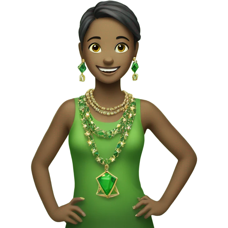 smiling girl with jewelry and green eles emoji