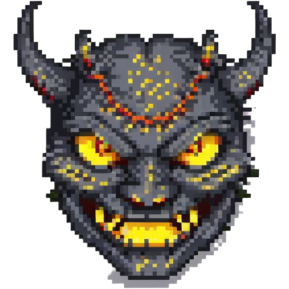 pixel art شیطان, grinning devil face, glowing yellow eyes, stylized emoji