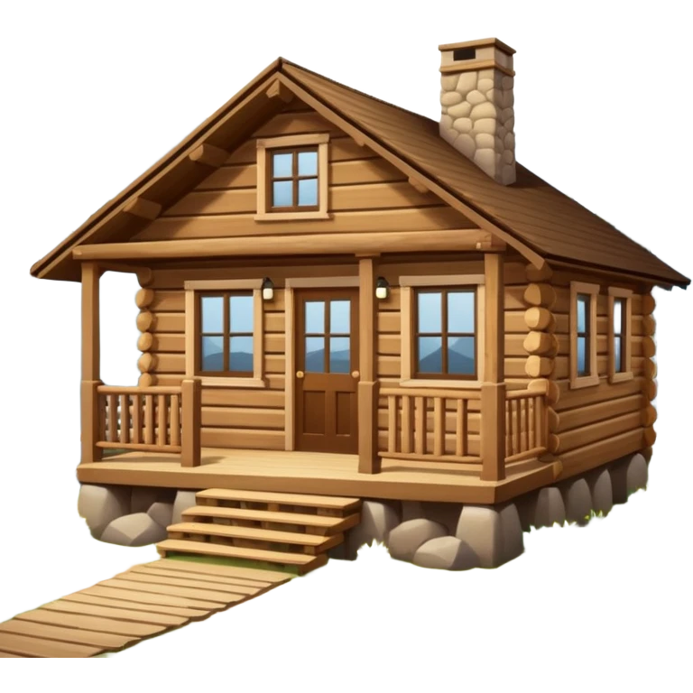 A rustic wooden cabin with horizontal log-style siding and a small front porch enclosed by crossed wooden railings. The cabin has a simple rectangular shape, a sloped roof, and warm brown wood tones throughout. emoji