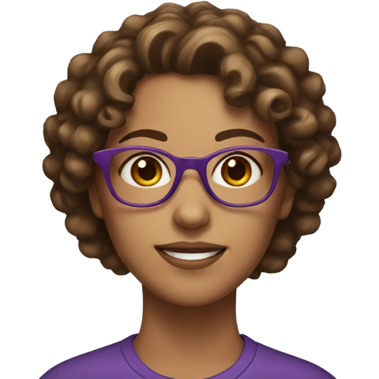 female with brown curly hair, hazel eyes, purple glasses emoji