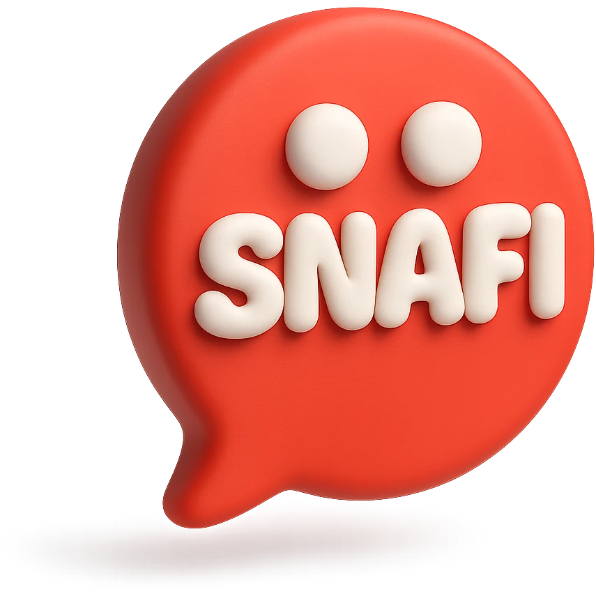 bold red emoji face bubble with the word SNAFI in white bubble font, text emoji style, slight 3D effect emoji