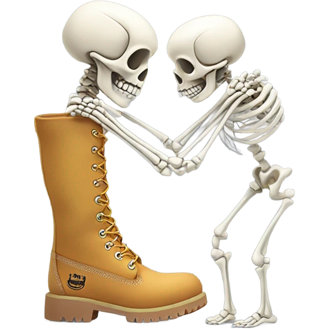 A skeleton bending down another skeleton wearing timberlands boots emoji