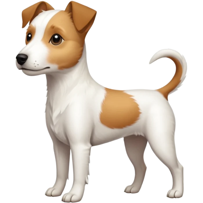 a full body slightly chubby white parson russell terrier looking dog the size of a kelpie with light brown long ears and a light brown patch on one eye and a large snout. the rest of the dog is completely white emoji