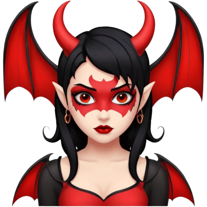 Demon girl: red skin, black hair, small horns, bat wing; tattoo-flash comic style; red/black palette; bold outlines; dark background; no text. emoji