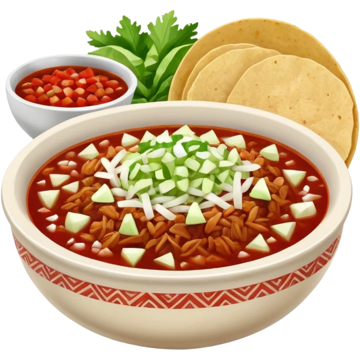 A delicious hot bowl of pozole rojo with the sides next to the bowl: chopped onions, shredded cabbage, lime wedges, red chile de arbol salsa, and full round tostadas emoji