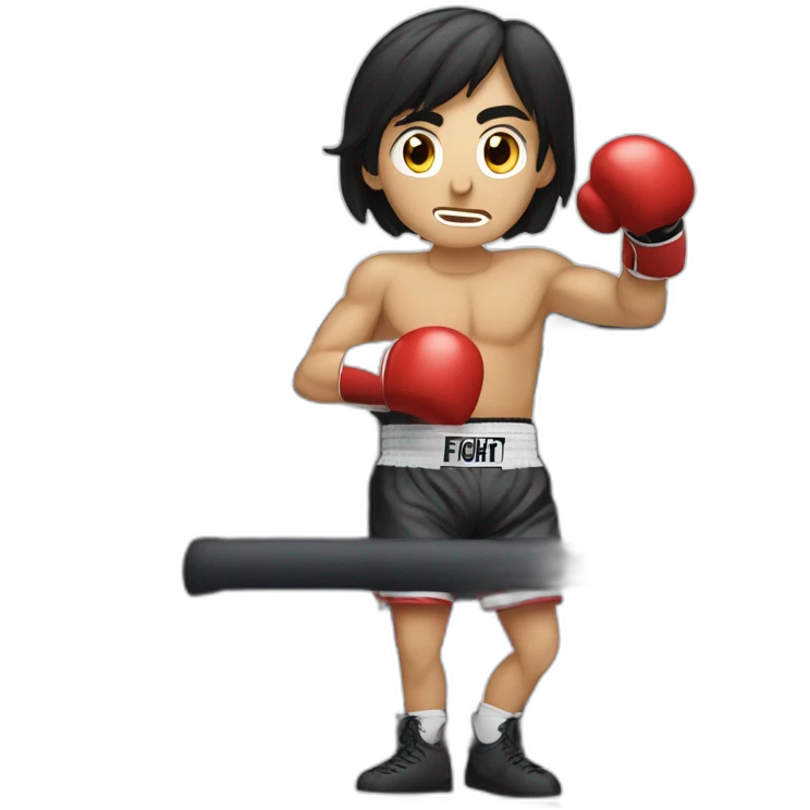 A dark-haired photographer in a boxing ring with an info bubble on the side that says fight. emoji