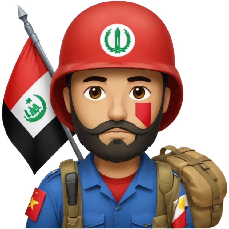 A tired and sad, swarthy Iraqi soldier with a beard, an Iraqi flag on his helmet, a sad expression and bags under his eyes emoji
