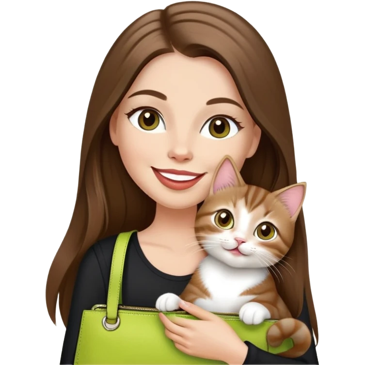 White Woman with VERY long straight brown hair, rosy lips and cheeks, big chartreuse eyes, cute happy big smile holding a white and brown tabby kitten, wearing a black purse emoji