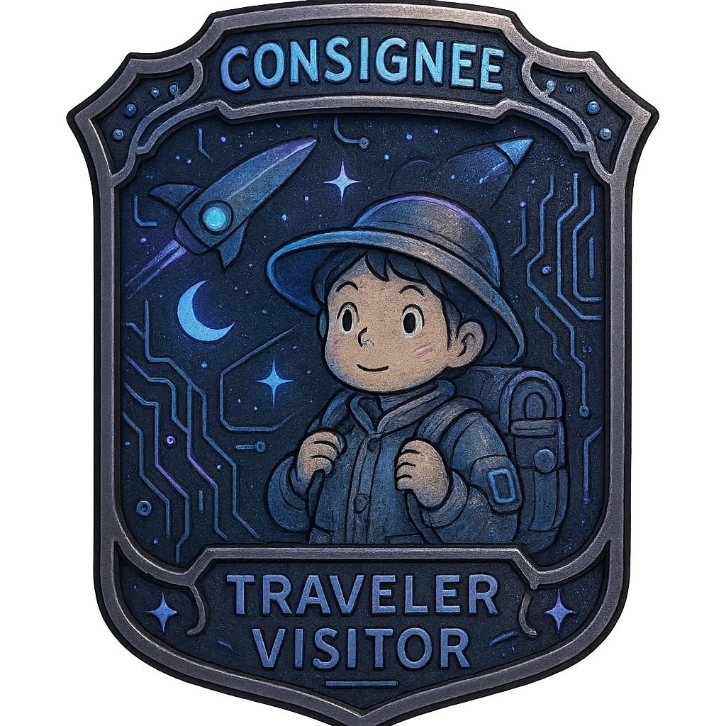 a metal insignia badge for a consignee traveler visitor, space scifi-futuristic cyberpunk futurepunk emoji