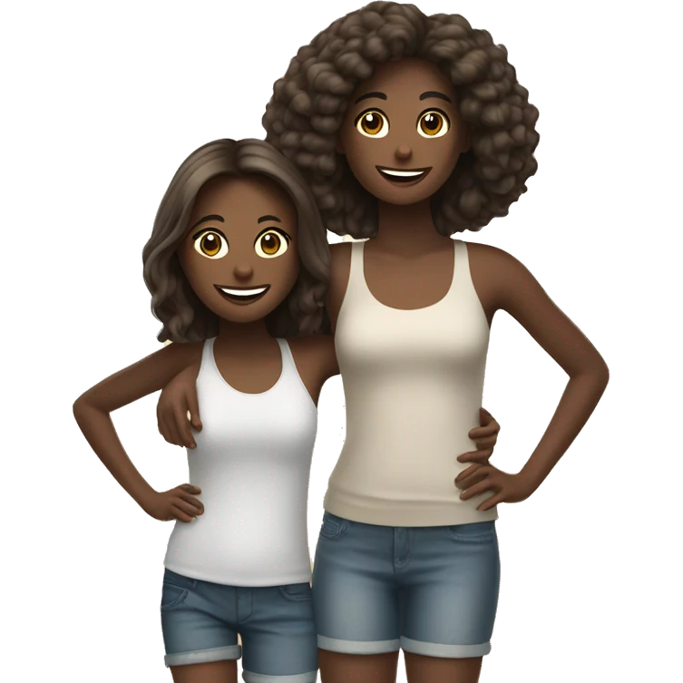 Two happy Girls, dark Brown hair under a Palm on a Beach  emoji