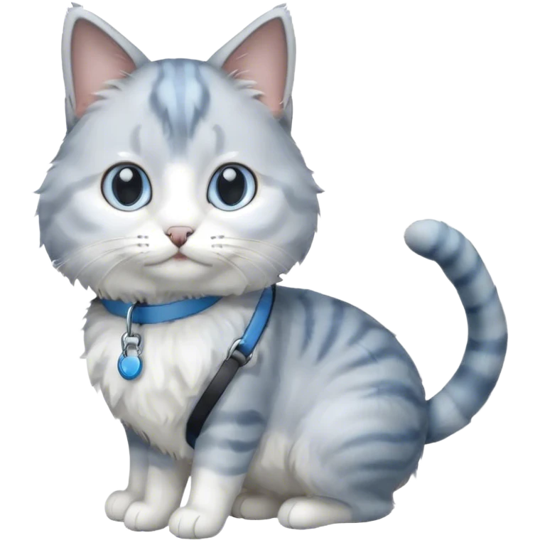 gray and white cat on a blue leash emoji