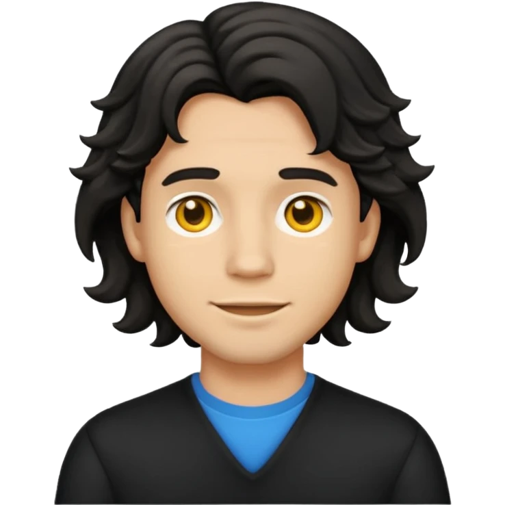 back view of a male with layered middle-long wavy black hair, emoji style emoji