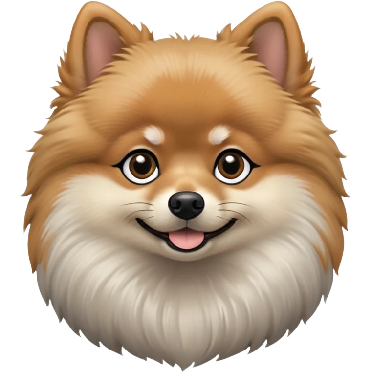 fluffy black and tan Pomeranian dog face, large round dark eyes, small black button nose, soft tan muzzle with subtle smile, two tan eyebrow spots, curious and alert expression, thick fluffy ruff of fur blending black, tan, and light gray, upright triangular ears with gray tips, friendly and cute emoji