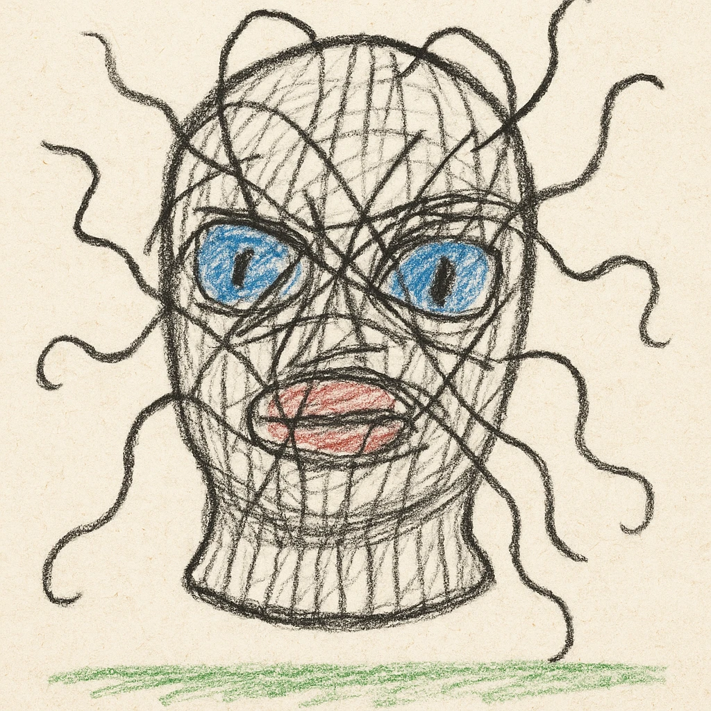 The mask is a full-head, white knitted balaclava with a tight ribbed texture. It features two asymmetrical eye openings and a partially exposed mouth area. Black thread is stitched across the surface in chaotic, abstract lines that trace facial features, giving a hand-drawn effect. Several black cords extend outward from the mask, varying in length and direction, adding a sculptural, almost organic appearance. The overall look is bold, handcrafted, and visually striking. emoji